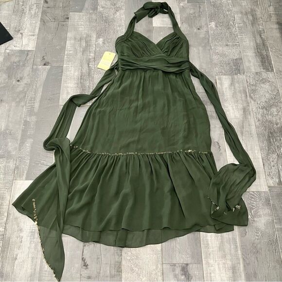Y2K BCBG Maxaria Boho Green 100% Silk Chiffon Sequin Ruched Halter Dress 10 L - Picture 7 of 16